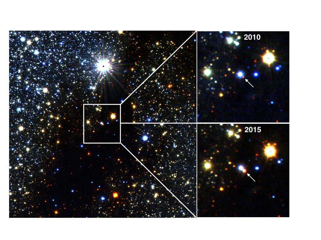 A newborn star erupts, gradually brightening over a number of years.